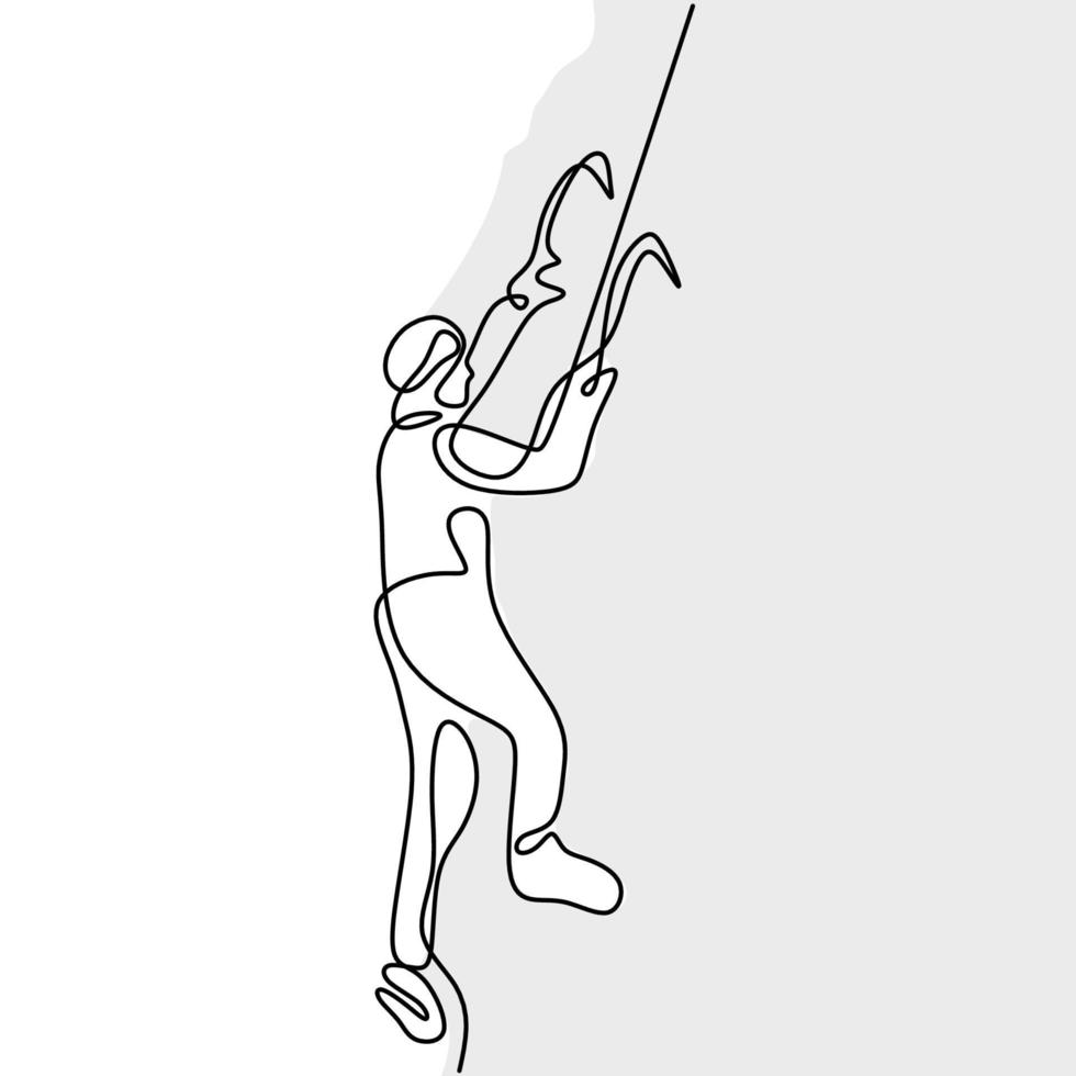 dibujo continuo de una línea de un alpinista masculino subiendo ladera nevada con ejes contra nubes aisladas sobre fondo blanco. concepto de deporte de invierno extremo. montañista. diseño minimalista vector