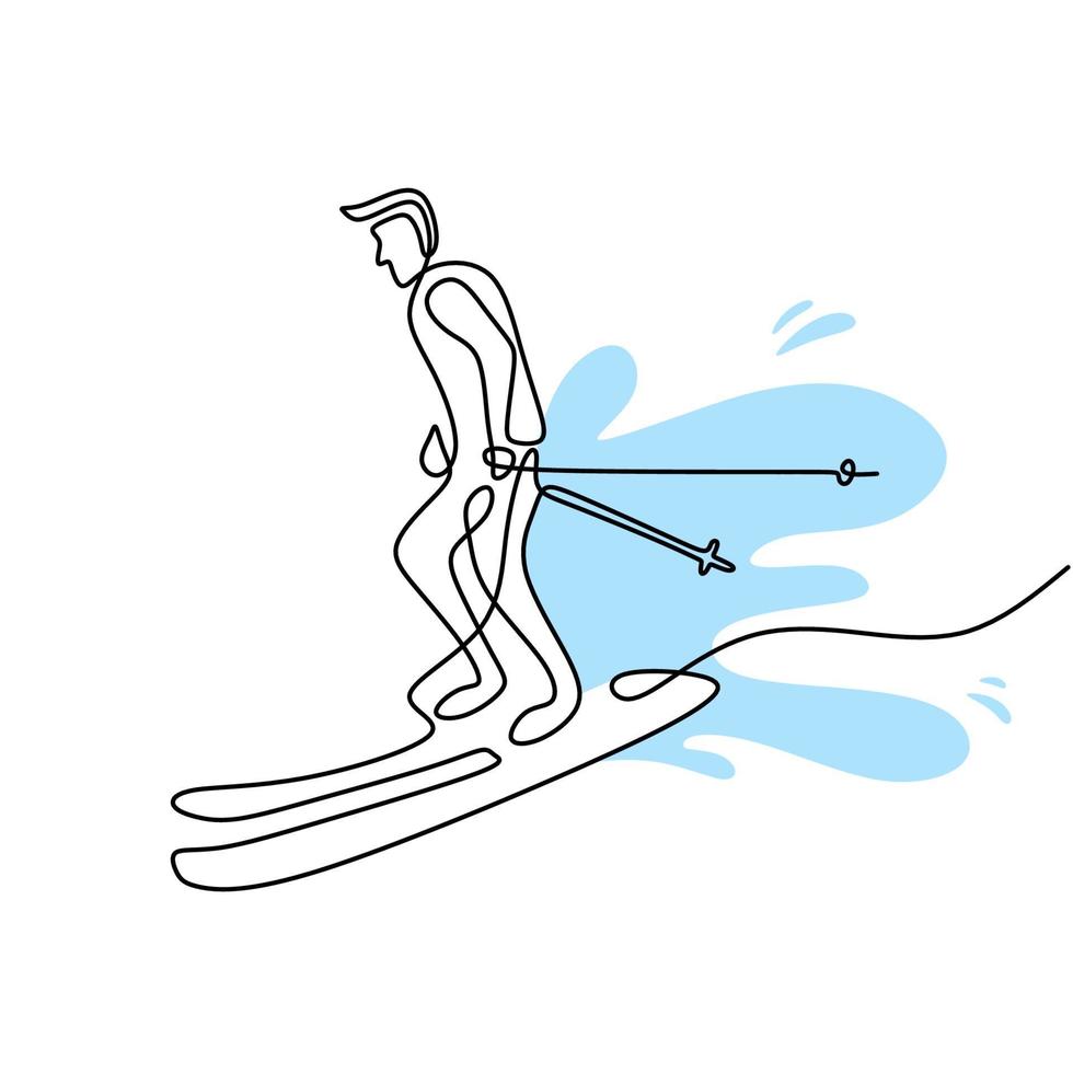 Single continuous line drawing of young sporty man playing ski at snowy mountain. Winter sport holiday vacation isolated on white background. Professional skiing hand-drawn sketch minimalism design vector