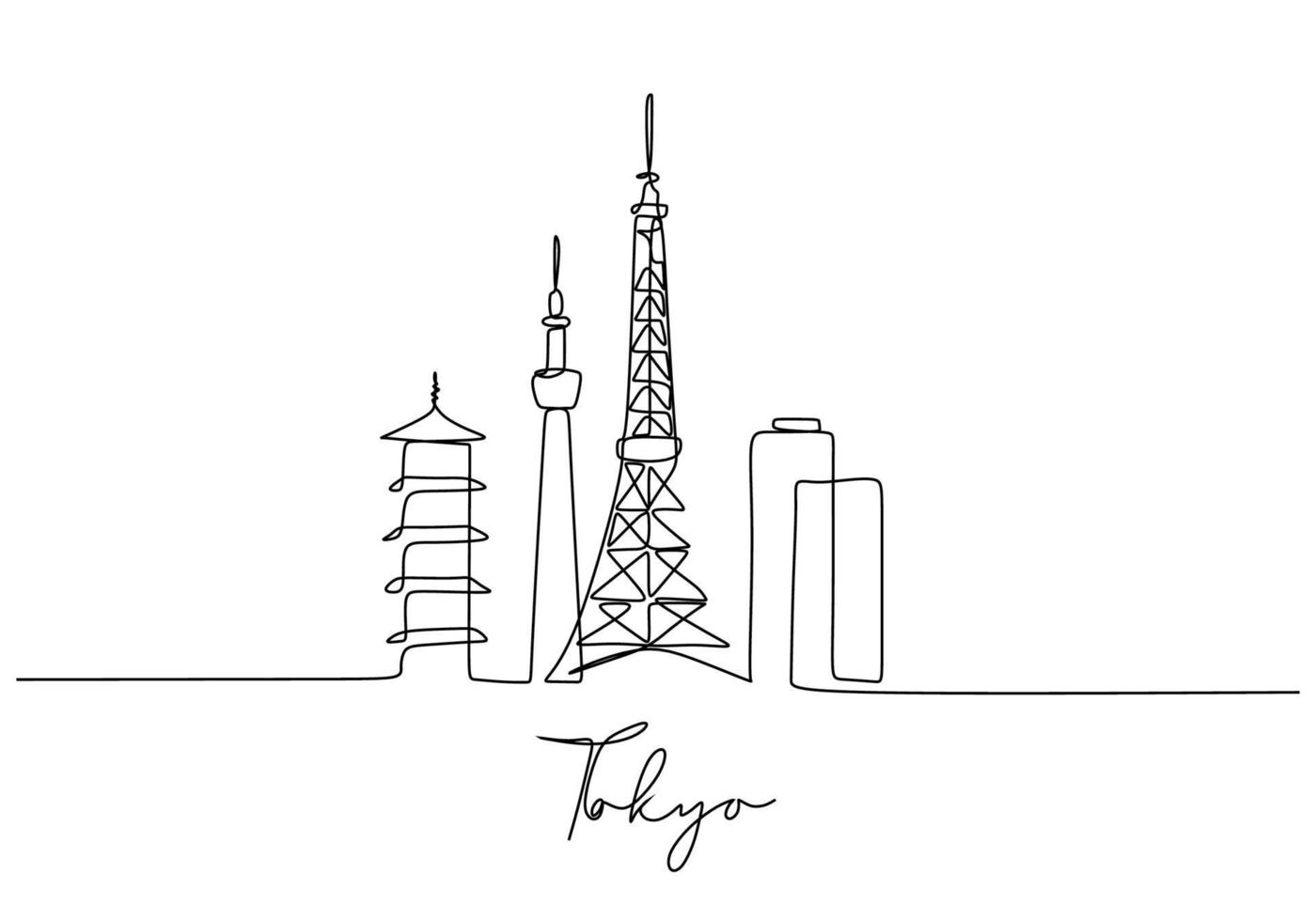 One line style Tokyo city skyline. Simple modern minimalistic style. Single continuous line drawing of Tokyo city skyline, Japan. Famous city scraper and landscape. vector