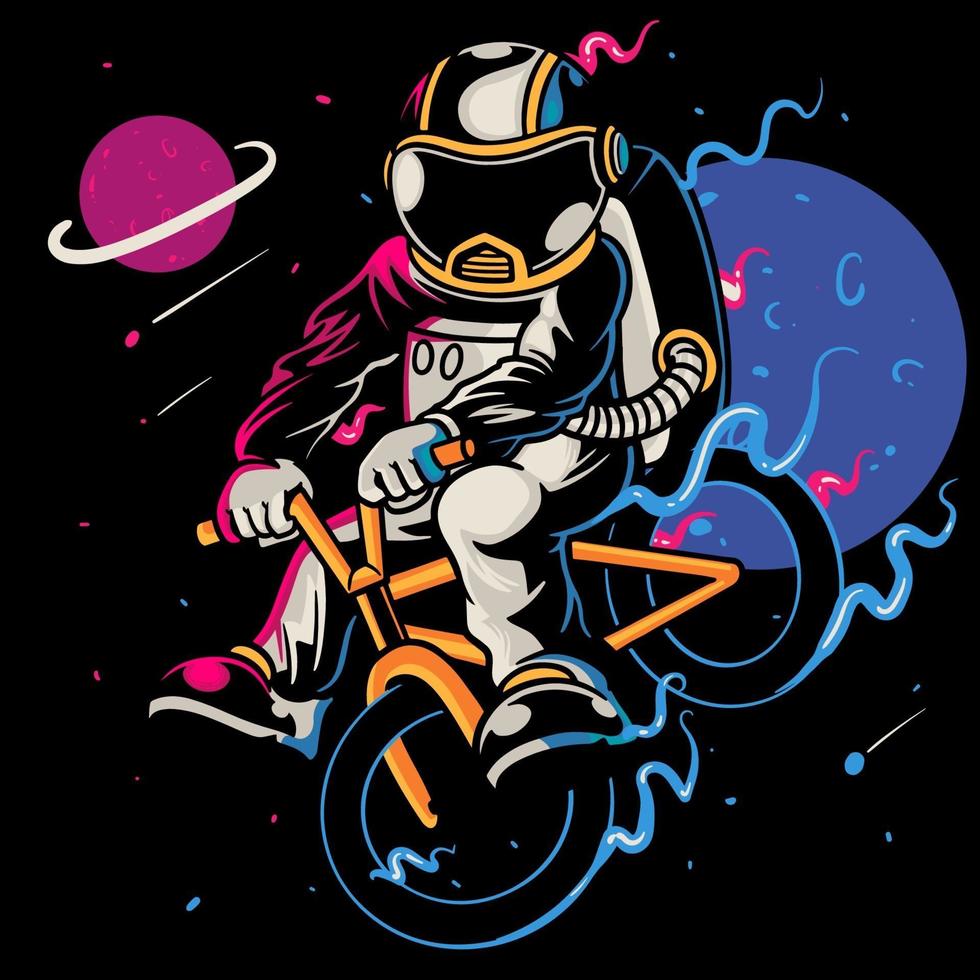 Sporty astronaut rides on bicycle at the moon. Spaceman astronaut with healthy lifestyle. Cartoon art for print design t-shirt apparel poster children. Hand drawn sketch vector illustration