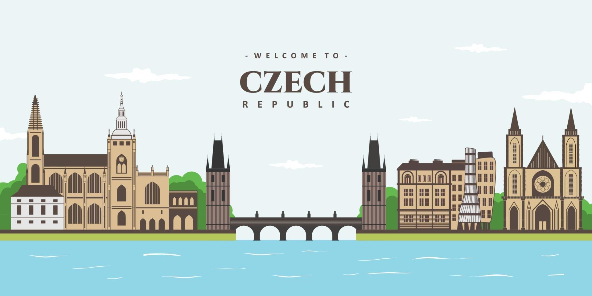 una vista de la absolutamente hermosa praga, república checa. panorama de la belleza paisaje colorido del casco antiguo de praga con hito histórico edificio. viajes mundiales y turismo, cartel de viaje. vector