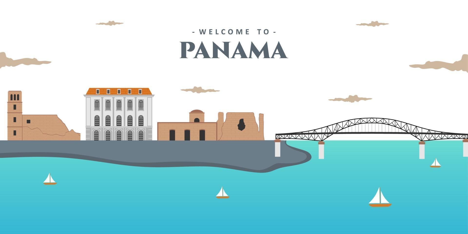 Aerial view landscape of the modern skyline of Panama City. Panama with famous landmark color buildings. Great place for tourist vacation. Business travel and tourism concept. Vector illustration.