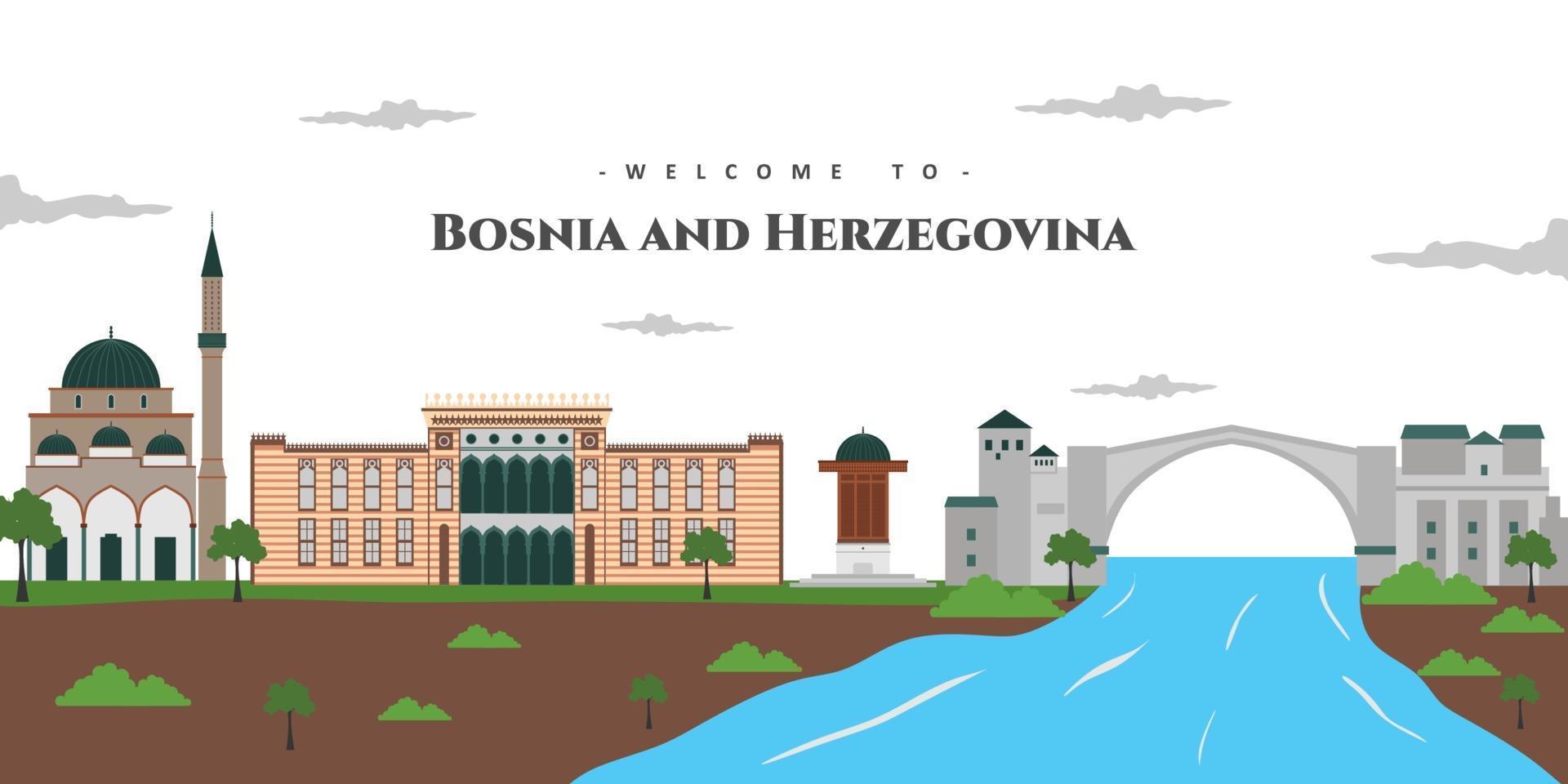 Plantilla de diseño de país de Bosnia y Herzegovina con maravillosos edificios emblemáticos. hermosa vista panorámica de la ciudad vieja. vacaciones mundiales viajes turismo europa colección europea. vector