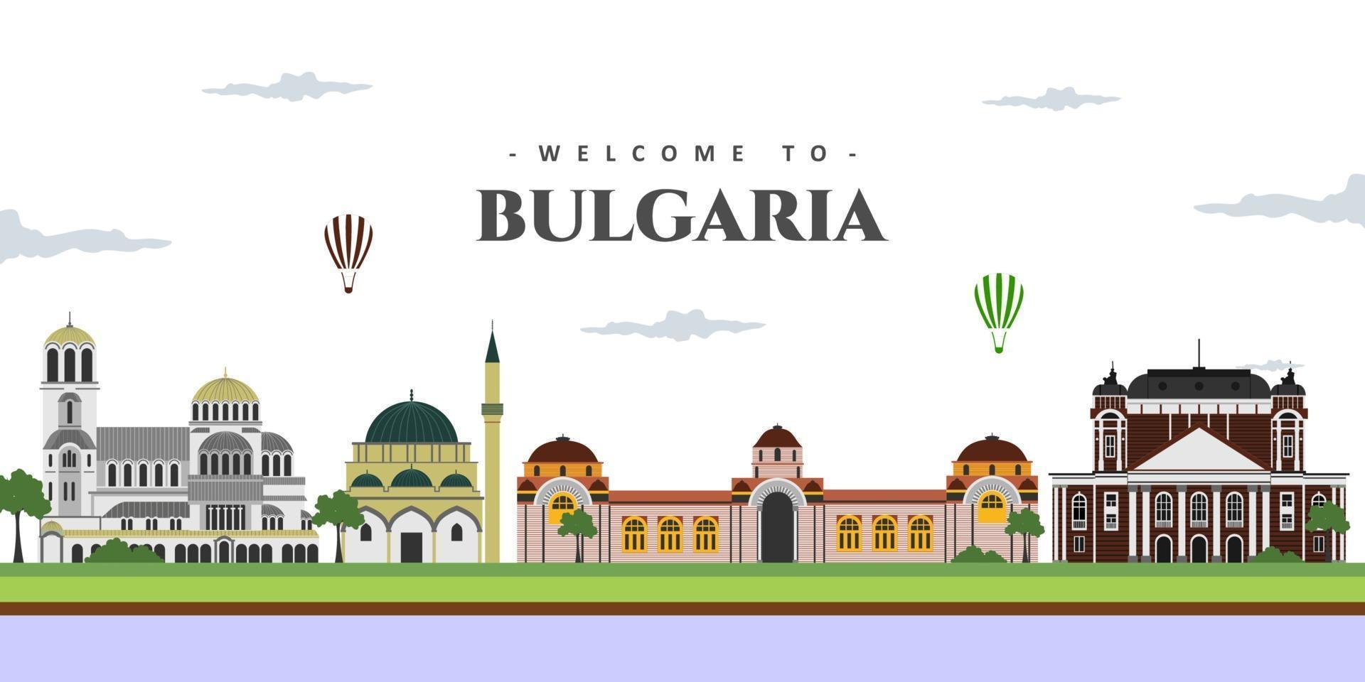 gran vista panorámica del paisaje de la ciudad de bulgaria con monumentos famosos. conjunto de ilustración vectorial se puede utilizar para cartel, libro de viaje, postal, cartelera. viajes de negocios y guia turistica vector