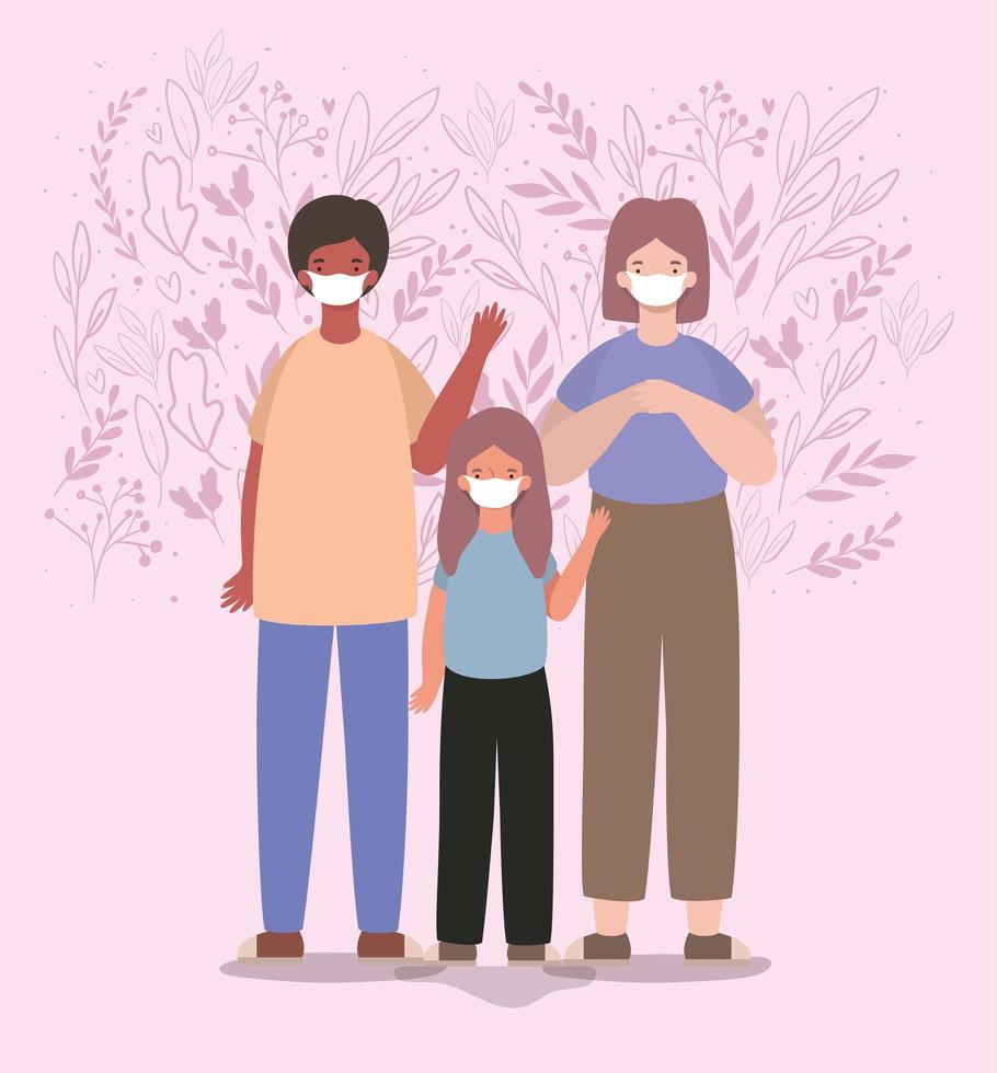 Mother, father, and daughter with face masks and leaves vector design