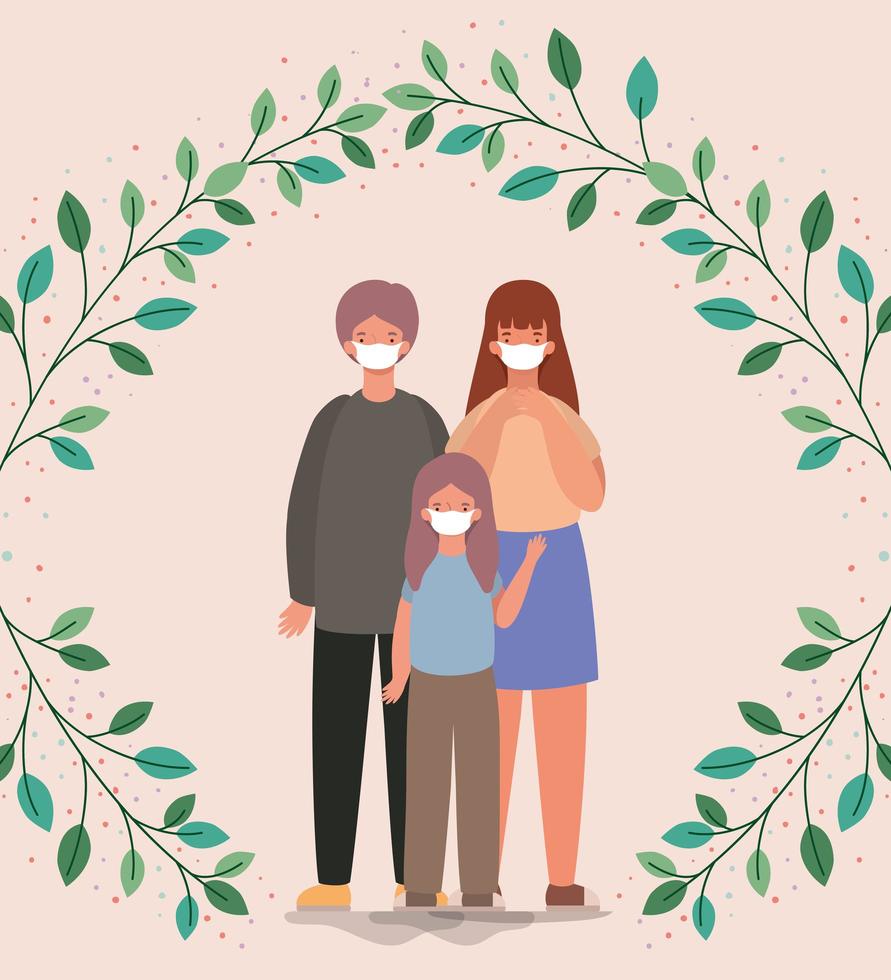 Mother, father, and daughter with face masks vector