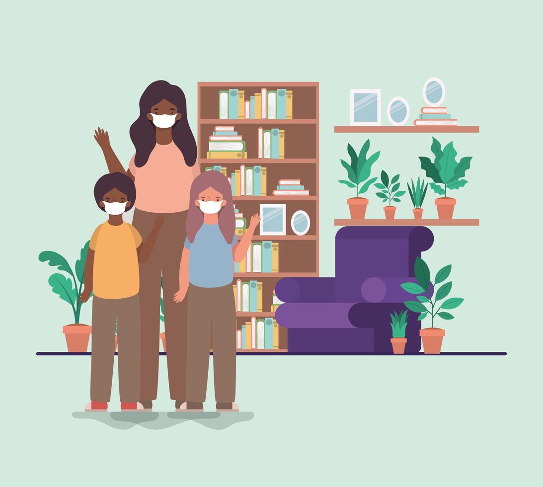 Family with face masks at home vector design