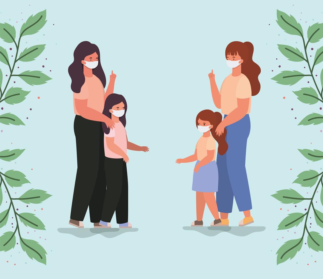 Mothers and daughters with fmasks and leaves vector design