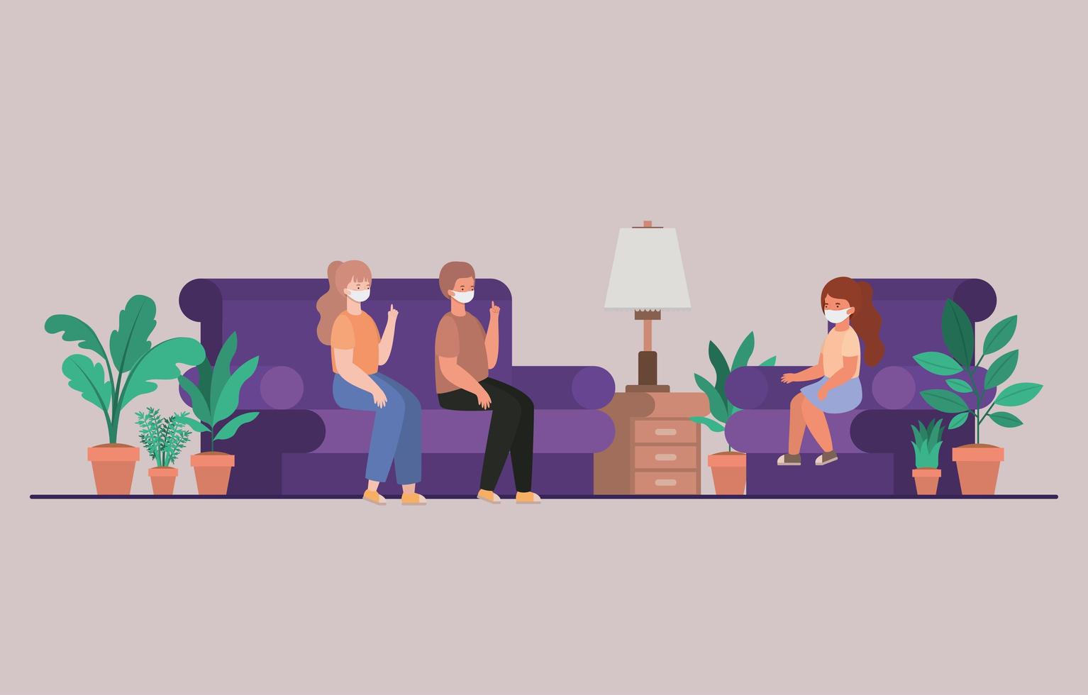 Family with masks at home vector design