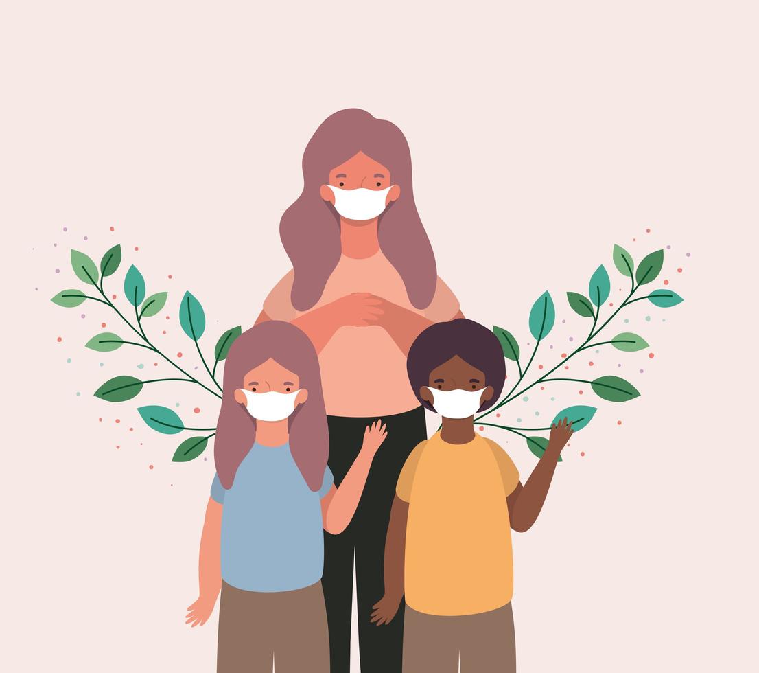 madre interracial, hijo e hija con máscaras y hojas de diseño vectorial vector