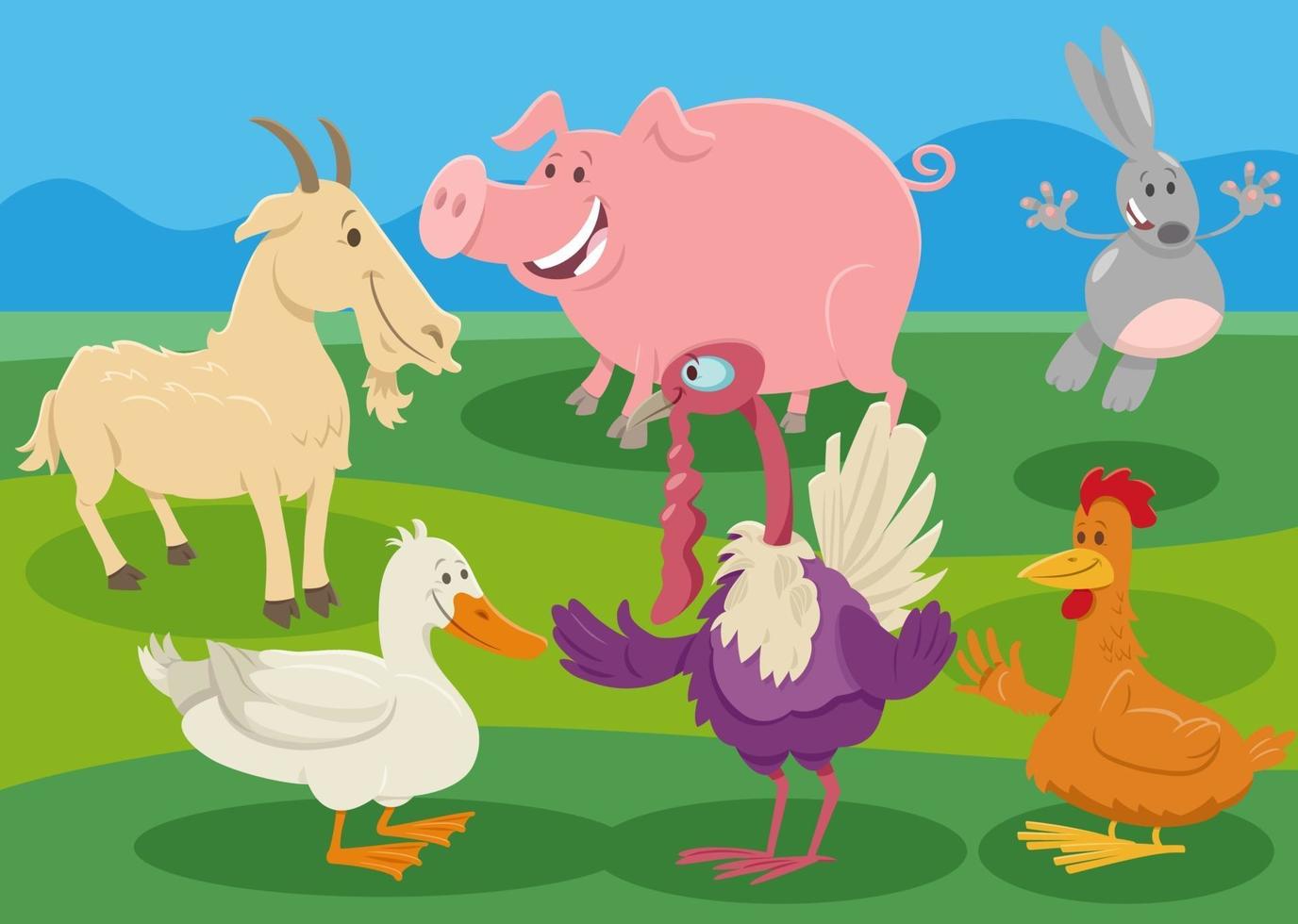 personajes de animales de granja de dibujos animados en el campo vector