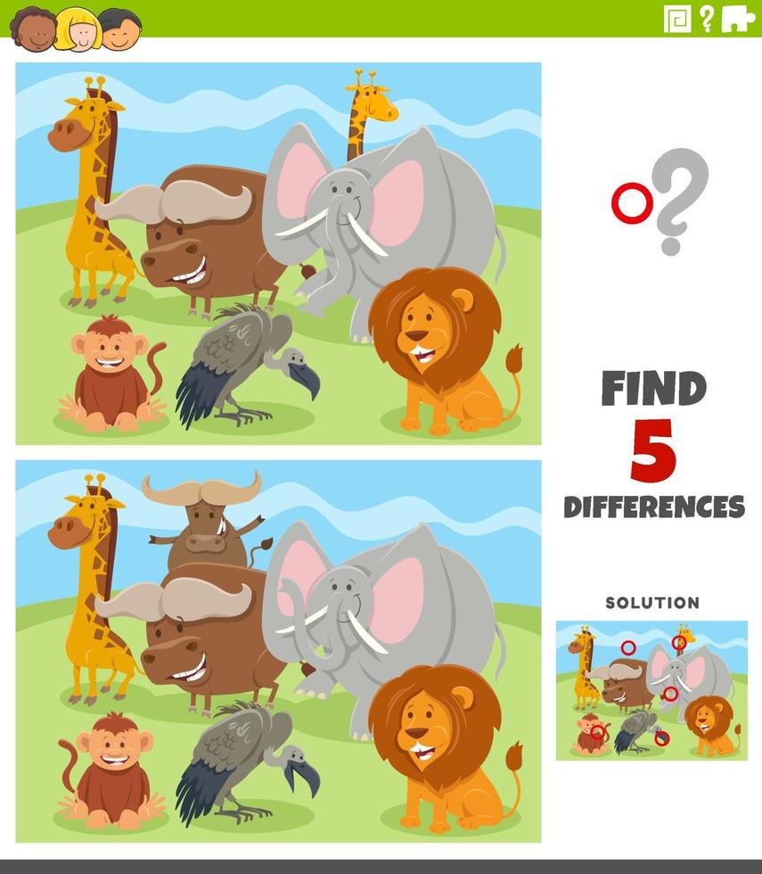 juego educativo de diferencias con personajes de animales salvajes vector