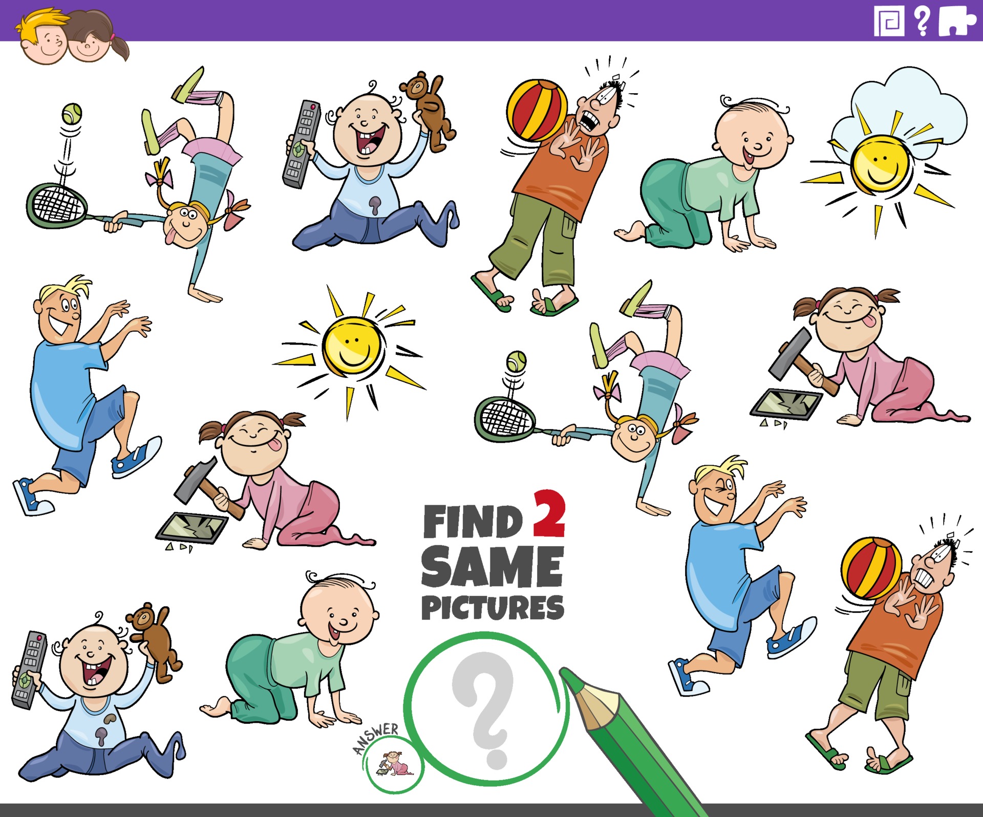 Second founding. Python question. Find two same objects. Find two the same pictures. Интерактивные загадки векторная картинка.