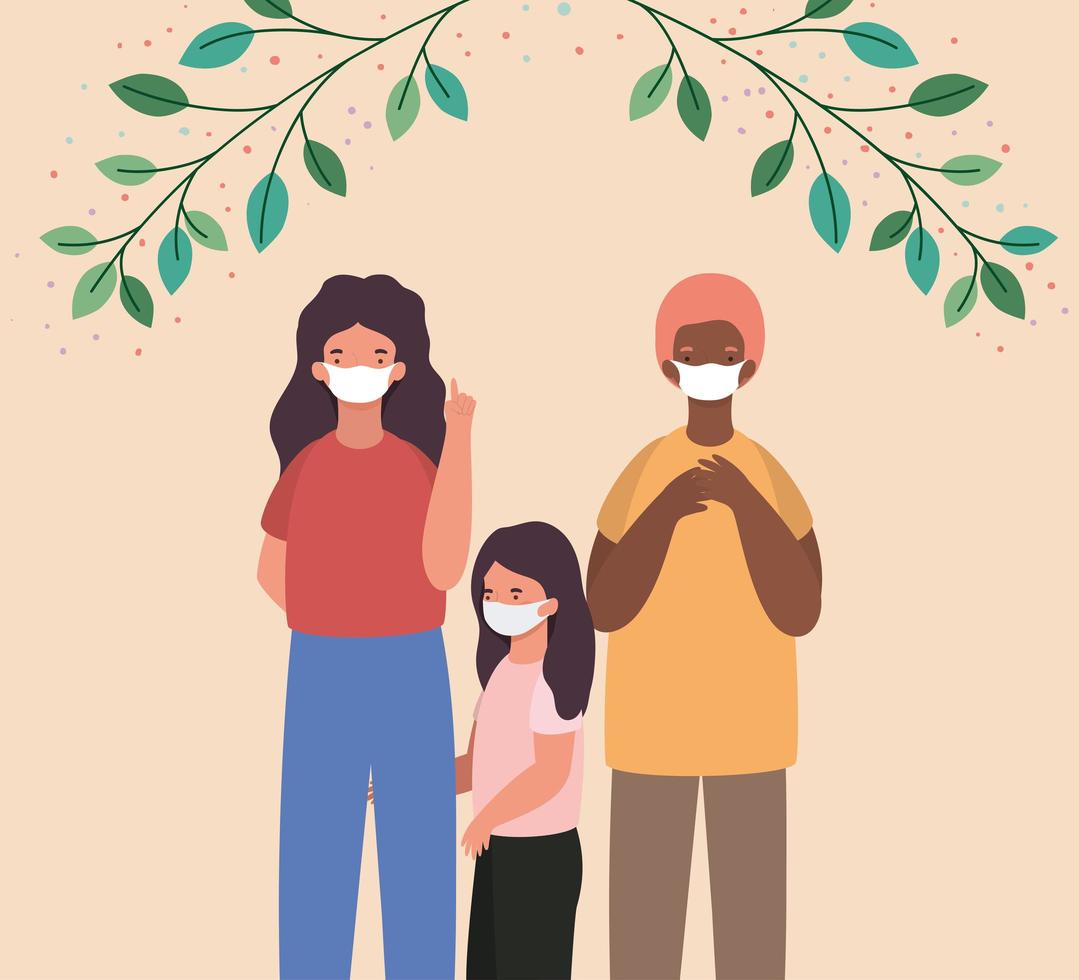 Interracial mother, father and daughter with masks and leaves vector design