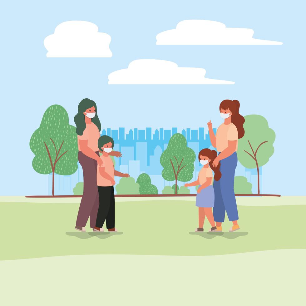 Mothers and kids with masks at park vector design