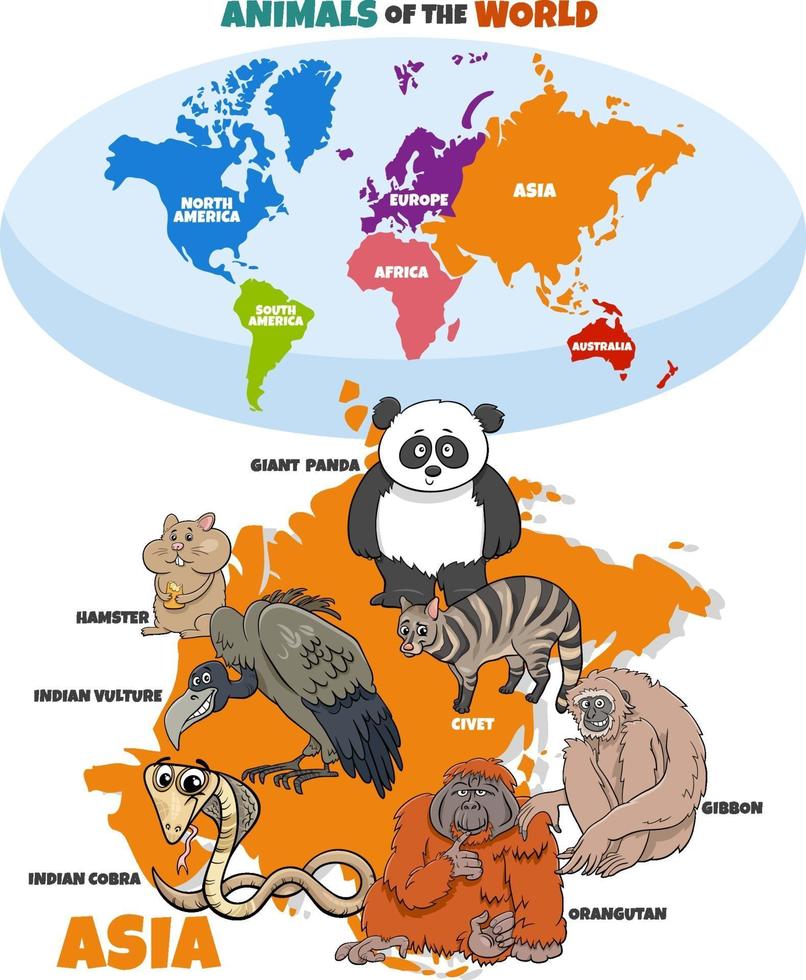 educational illustration of cartoon Asian animals and world map vector