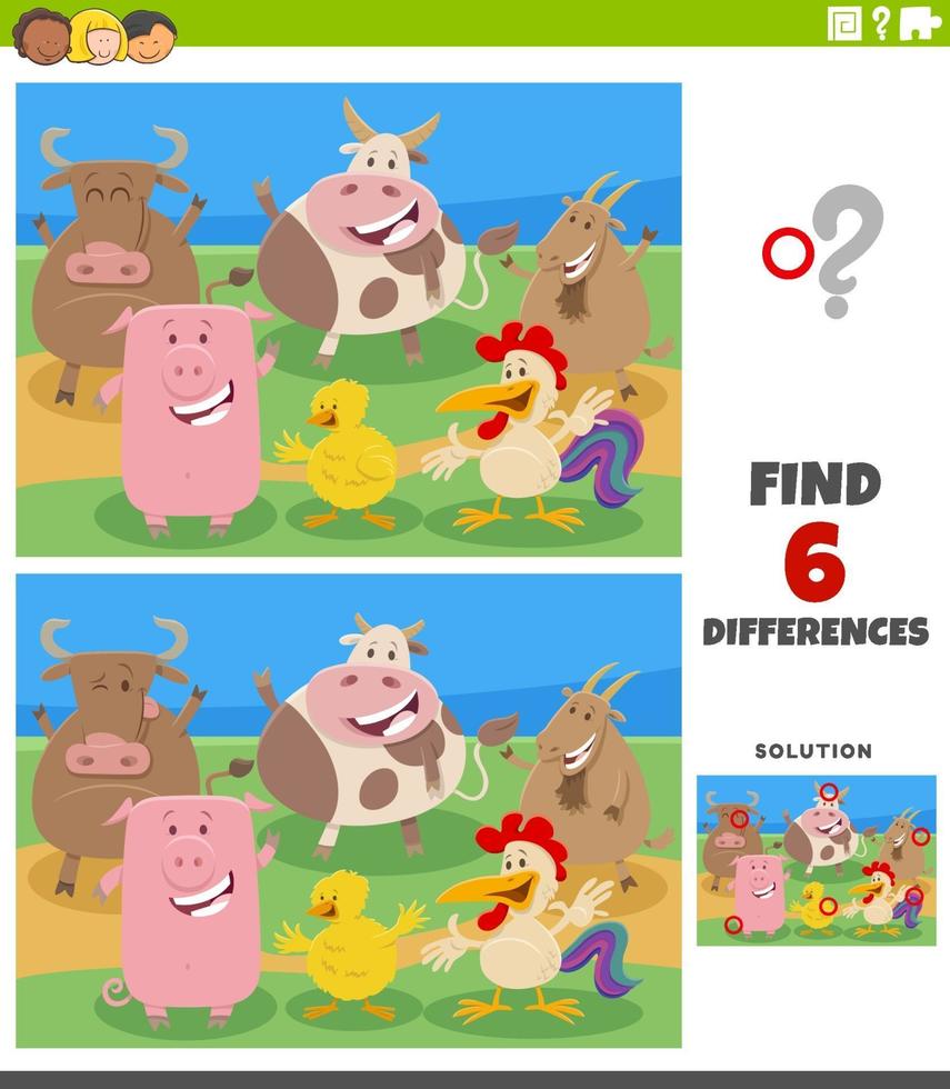 juego educativo de diferencias con personajes de animales de granja de dibujos animados vector