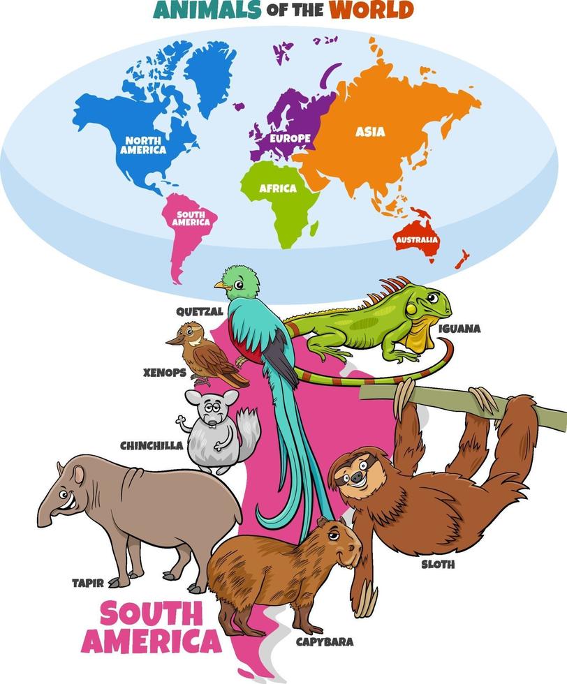 educational illustration of cartoon South American animals vector