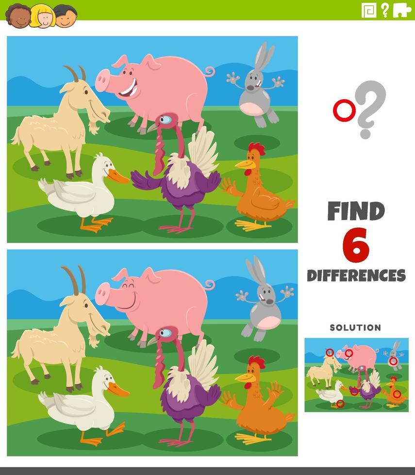 differences educational task with cartoon farm animals vector