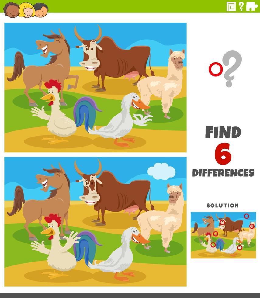 juego educativo de diferencias con animales de granja cómicos vector