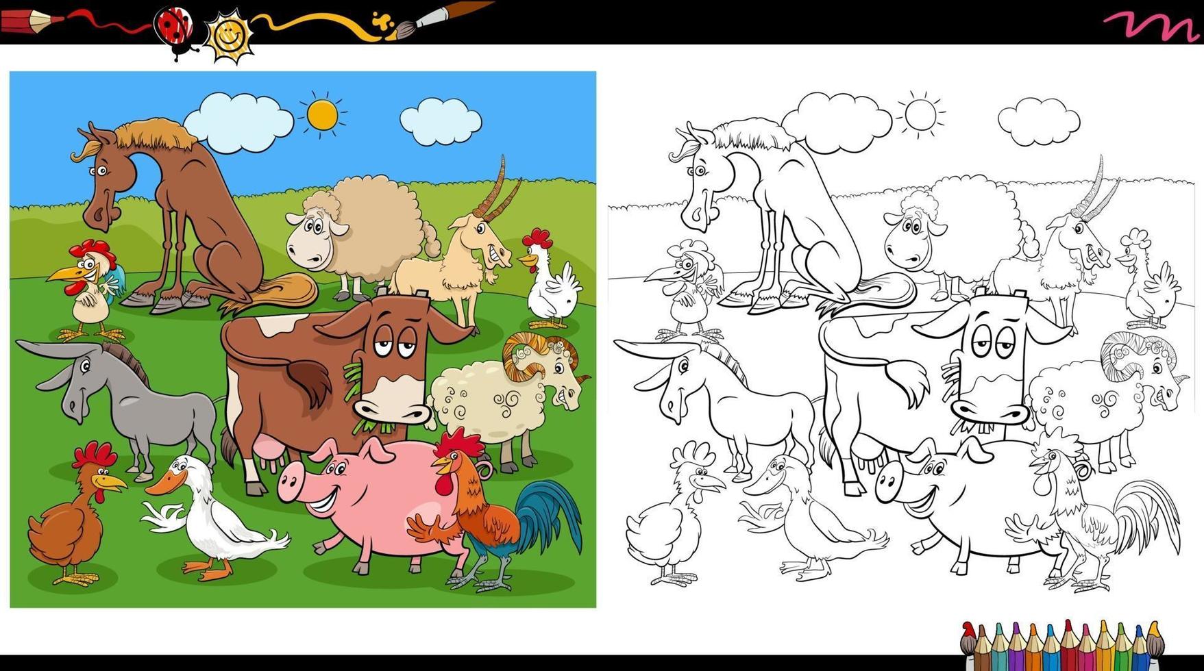 Cómic grupo de personajes de animales de granja página de libro para colorear vector