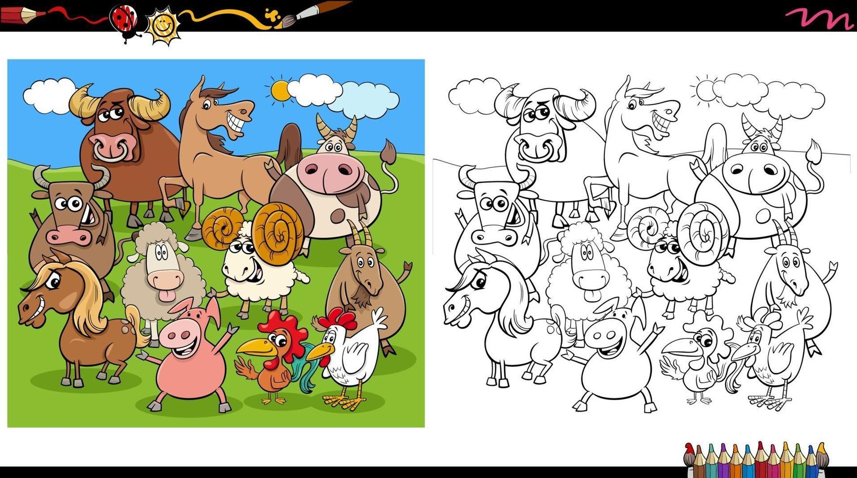 cartoon farm animal characters group coloring book page vector