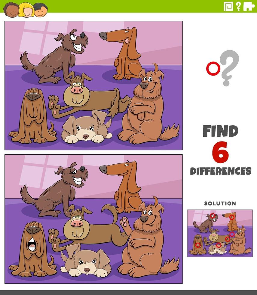 differences educational game with cartoon dogs and puppies vector