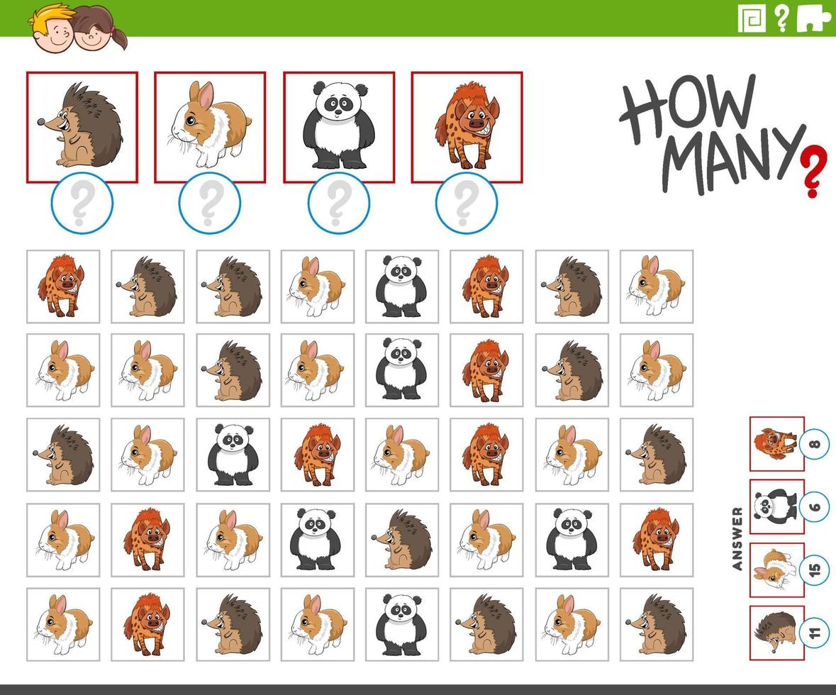 how many cartoon animal characters counting game vector