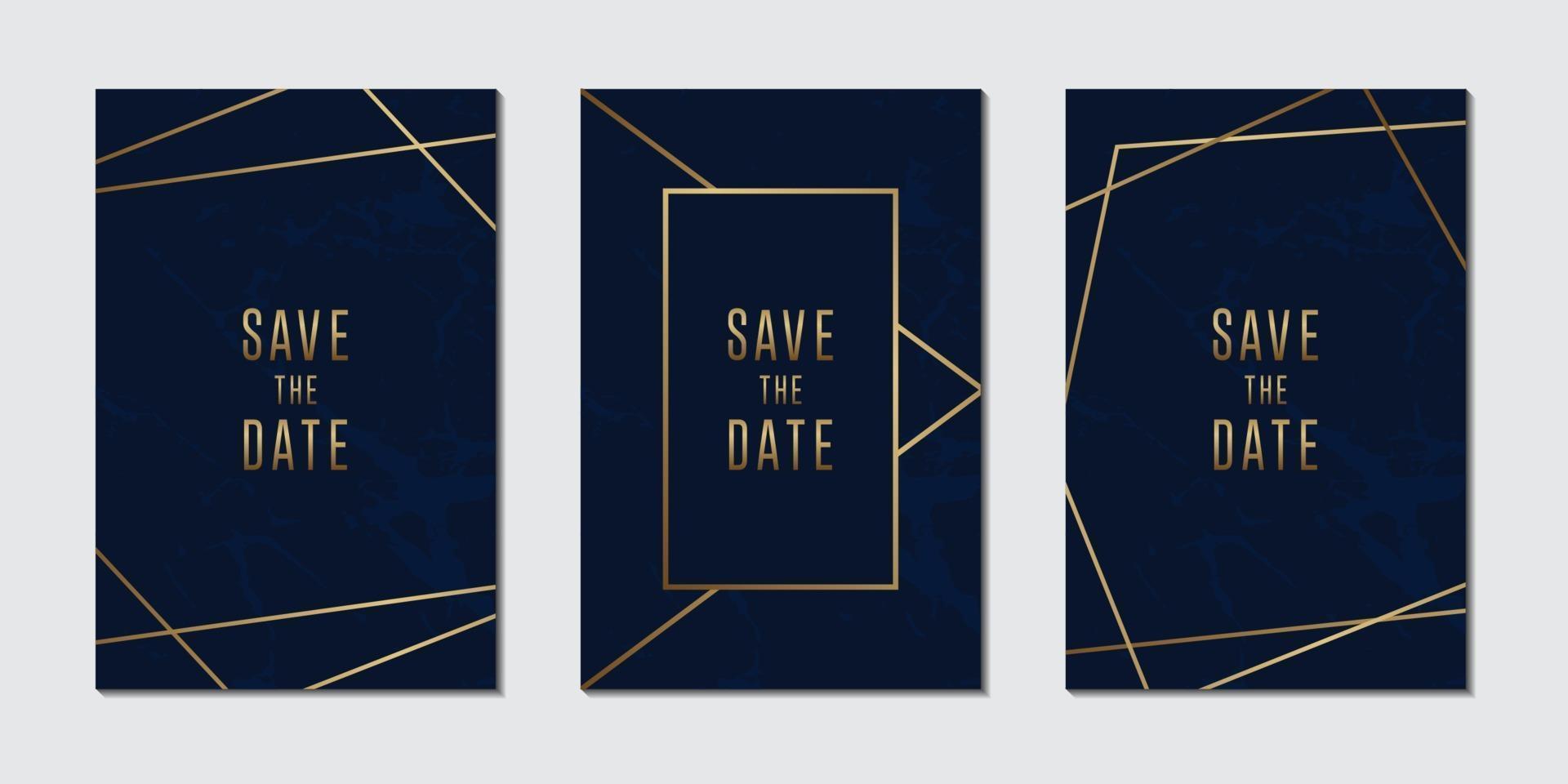 Colección de tarjetas de invitación de boda con fondo de textura de mármol azul y dorado de lujo vector