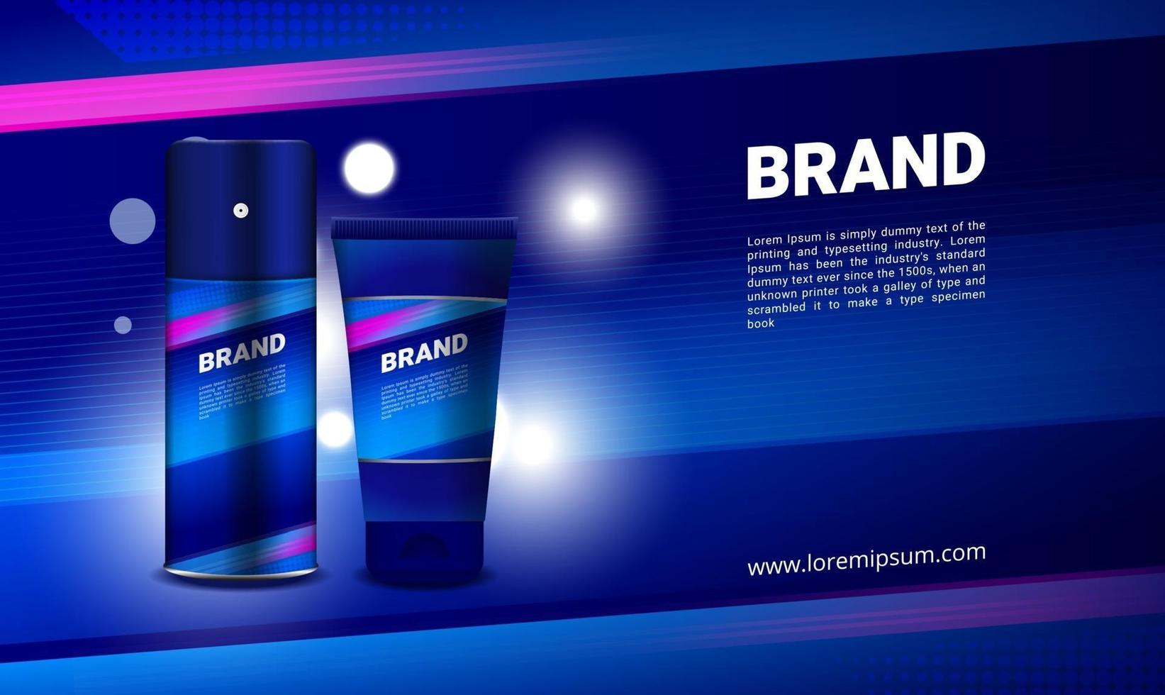 Ad for blue sports cosmetic products for men with 3d packaging and bokeh lights vector