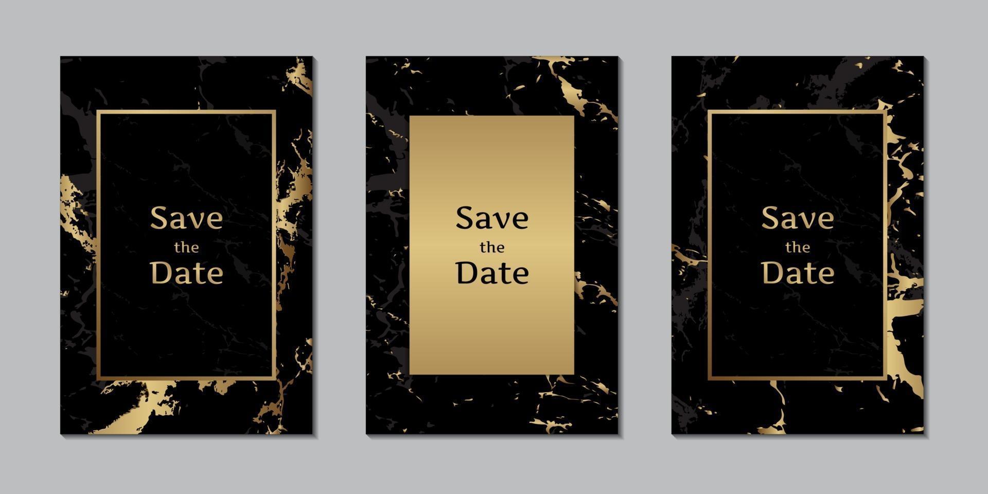 Tarjetas de invitación de boda con textura de mármol negro y dorado con plantilla de marco vector