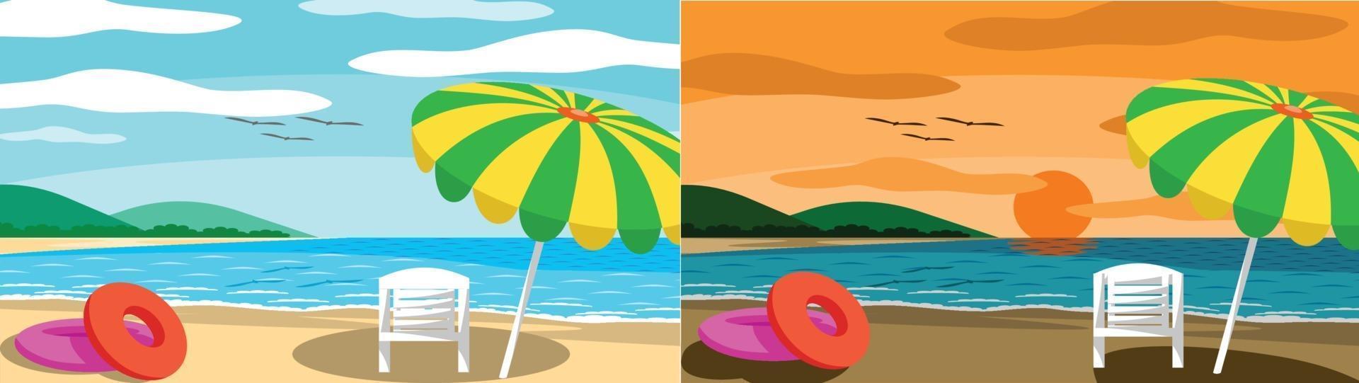 dos escenas de playa con sombrillas y sillas. vector