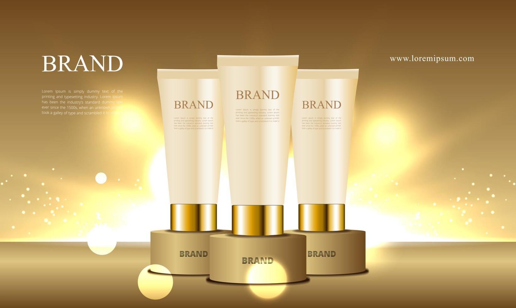 Golden podium with cosmetic collection with tube and lighting illustration vector