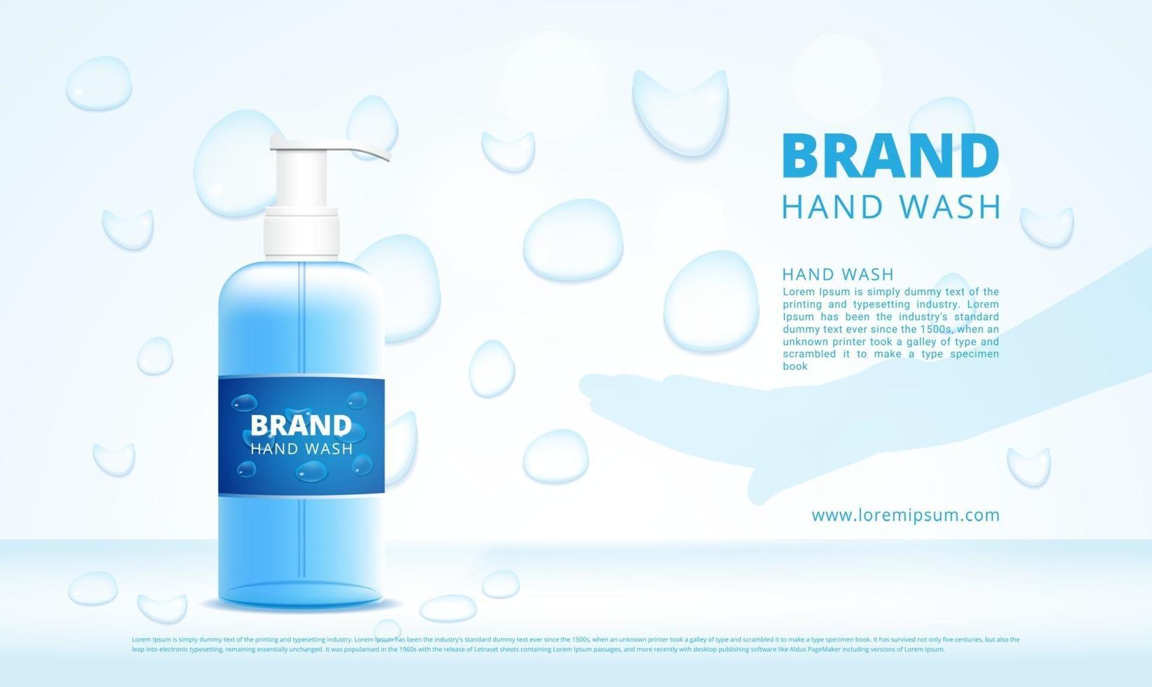 Hand wash gel bottles advertising with dropper and hand silhouette vector