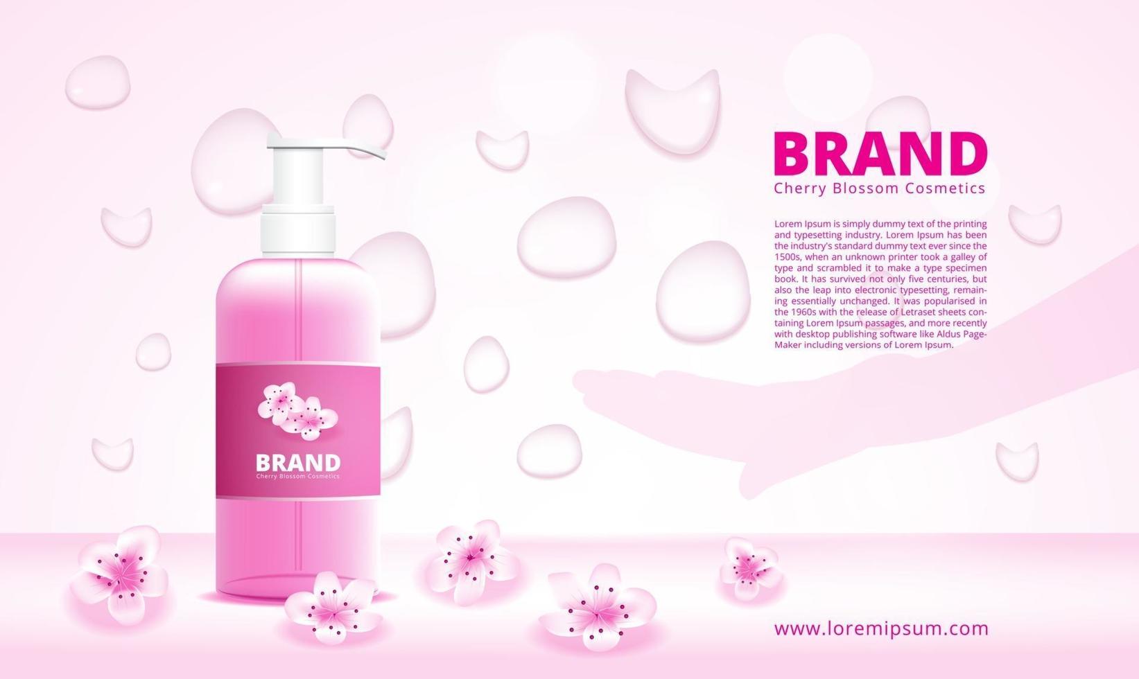 Cherry blossom cleanser ad with dropper and hand silhouette vector