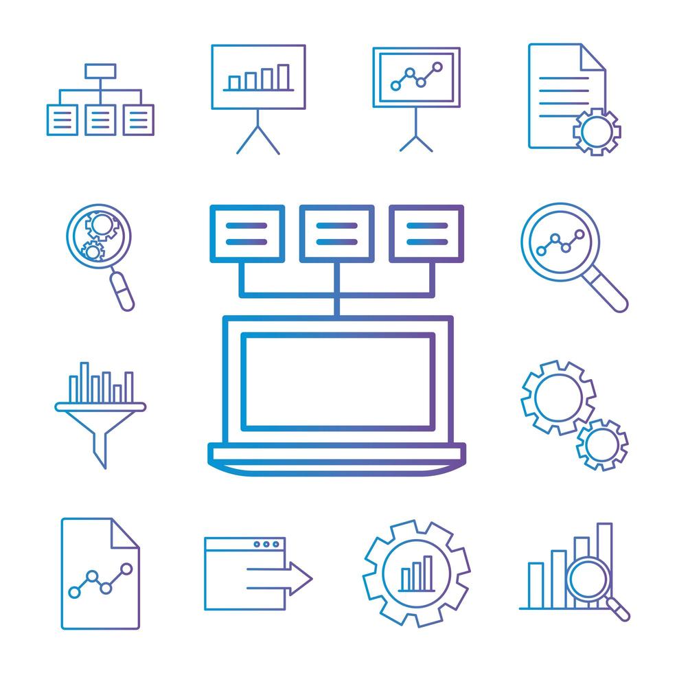 conjunto de iconos de estilo degradado de análisis de datos vector