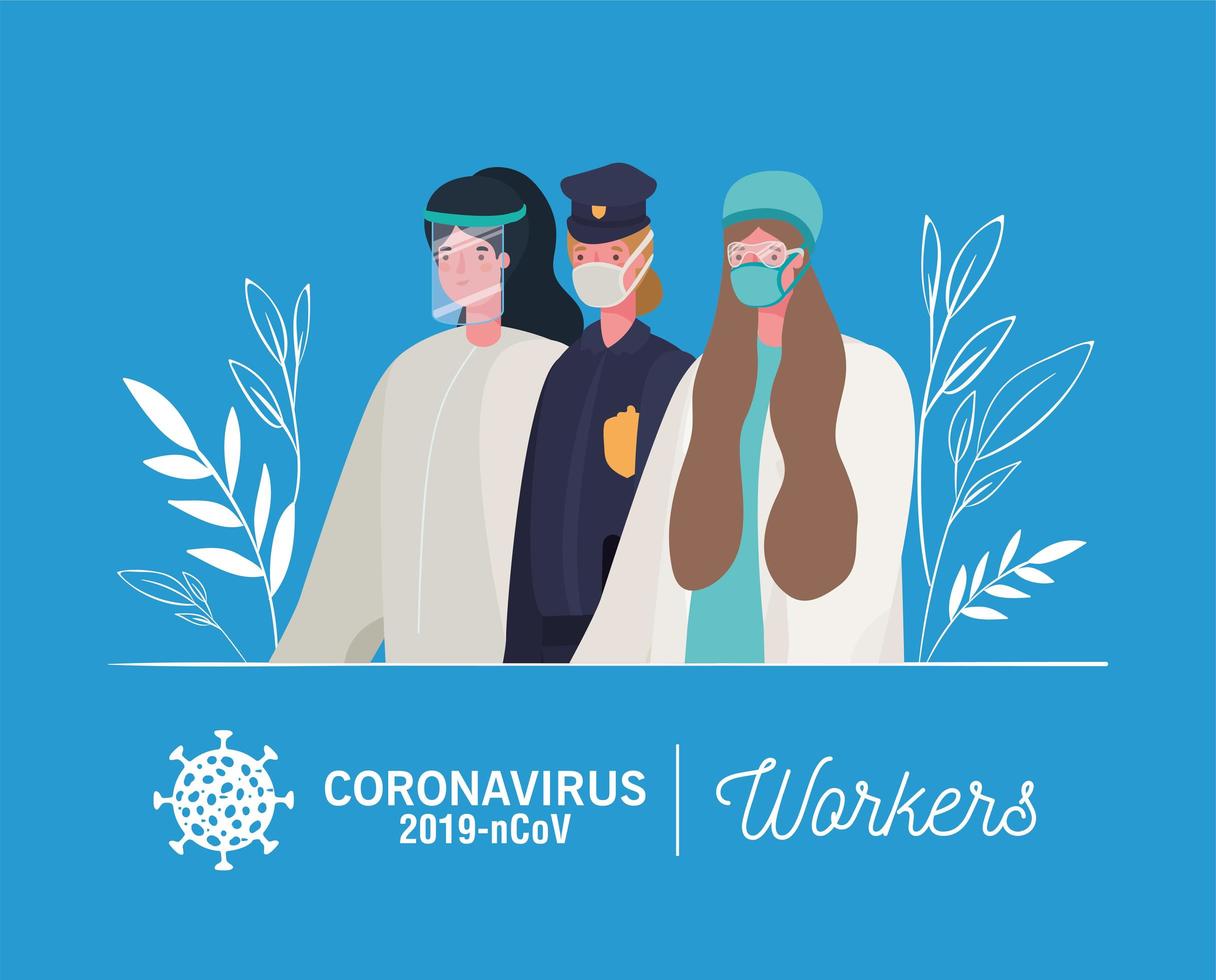 trabajadoras esenciales con máscaras faciales banner con iconos vector