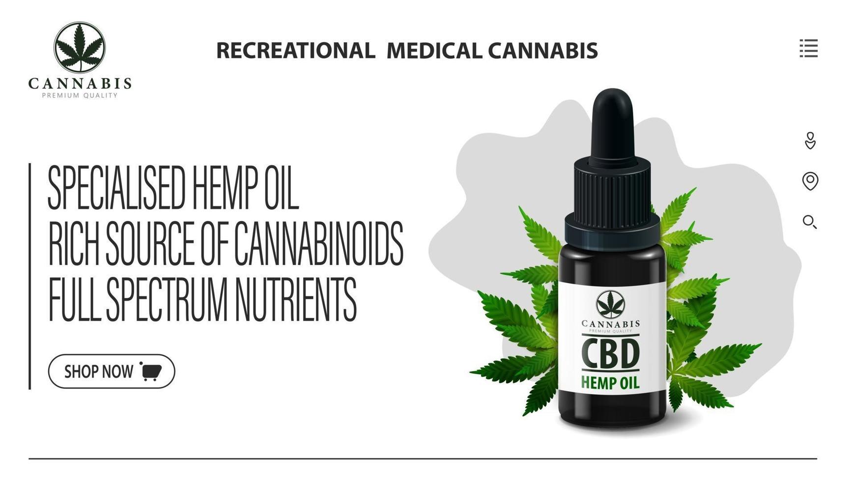 plantilla blanca de banner de descuento para sitio web con botella de aceite de cbd negro y hojas de cáñamo. Banner con aceite de cbd, forma líquida abstracta en el fondo y elementos de la interfaz del sitio web vector