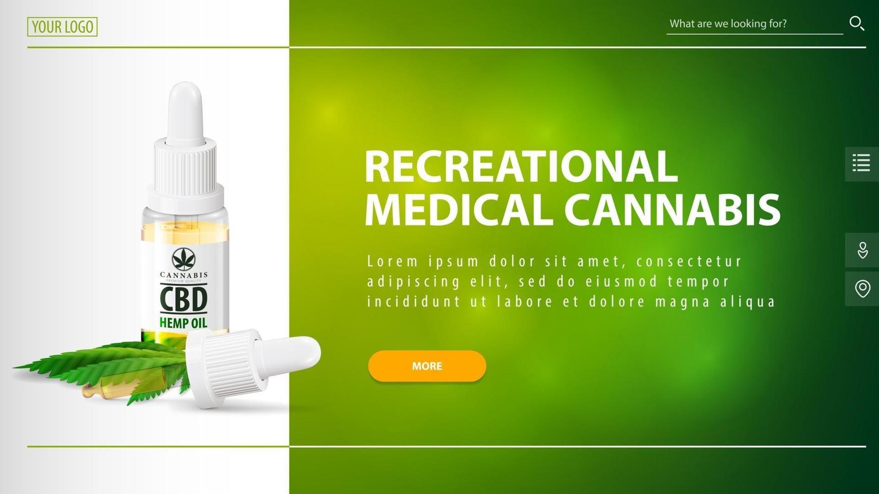 Recreational medical cannabis, white and green header for website with CBD oil bottle with pipette and orange button on green blurred background vector