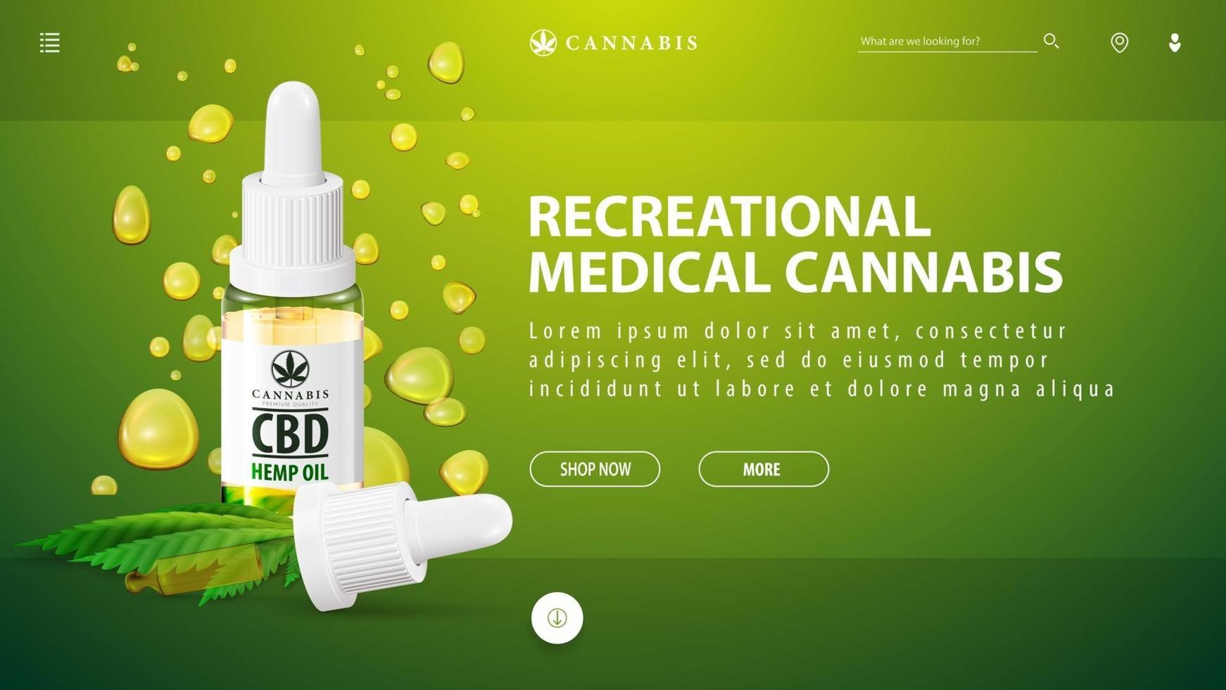 Recreational medical cannabis, green template of discount banner for website with CBD oil bottle with pipette on background of CBD oil drops vector