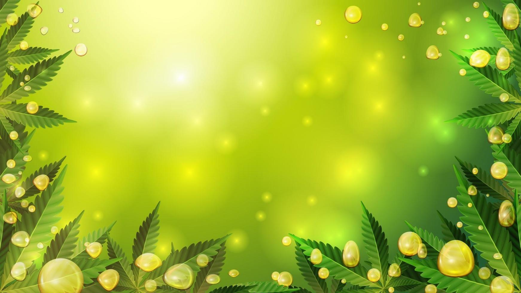 Cannabis oil gold bubbles on green blurred background with cannabis leafs, realistic vector effect.