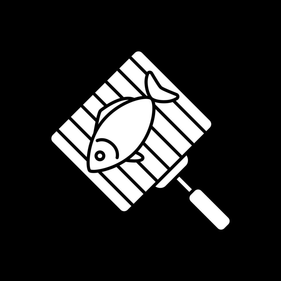 Fish on grill grate dark mode glyph icon vector