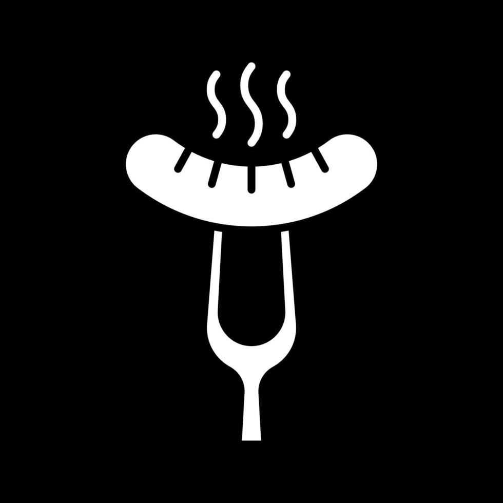 Sausage on fork dark mode glyph icon vector