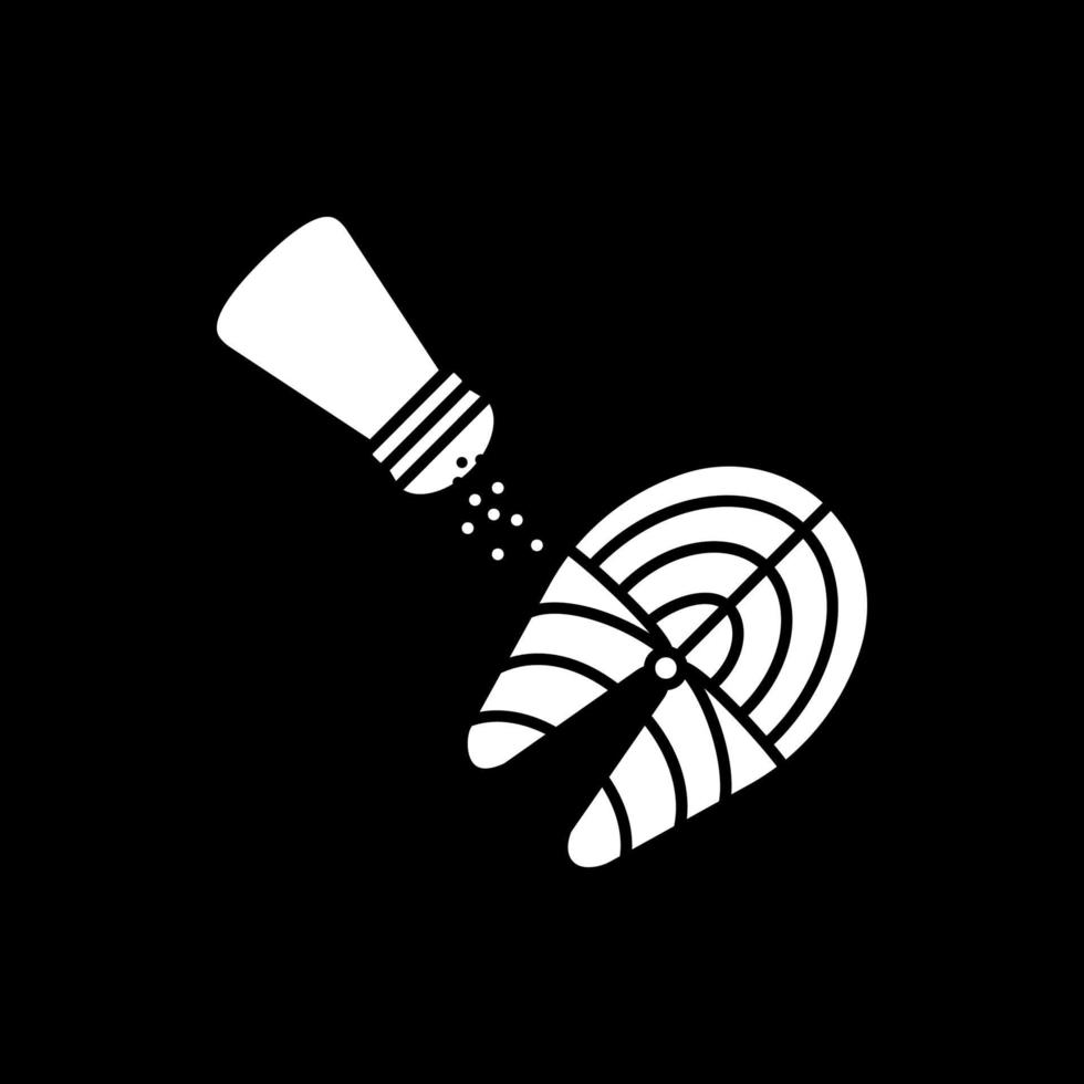 Pouring salt on fish steak dark mode glyph icon vector