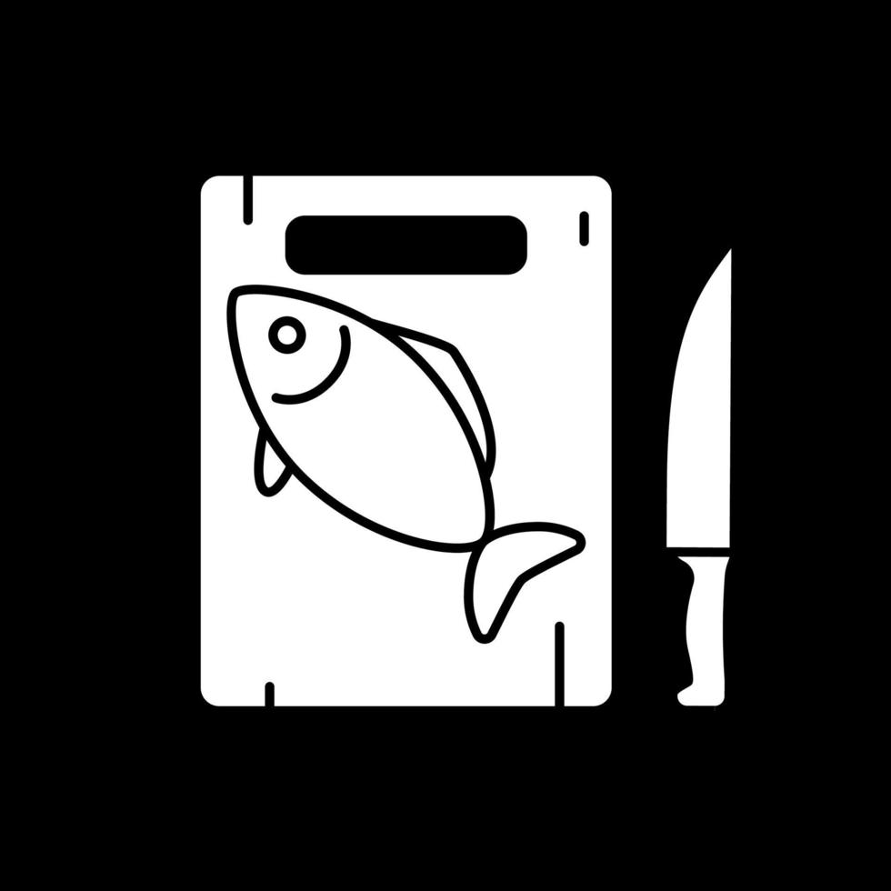 Fish on cutting board dark mode glyph icon vector