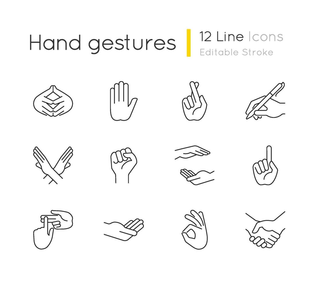 Hand gestures linear icons set vector