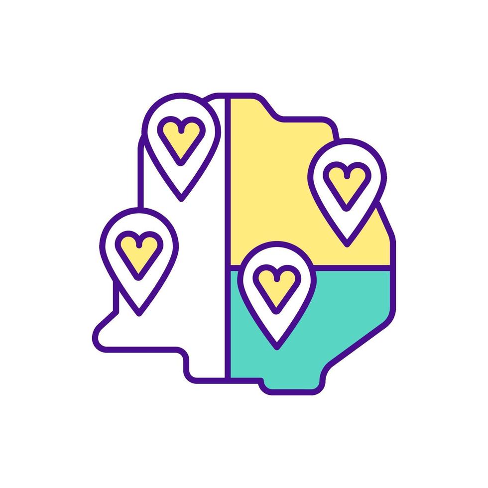 Map divided into areas with love signs color icon vector