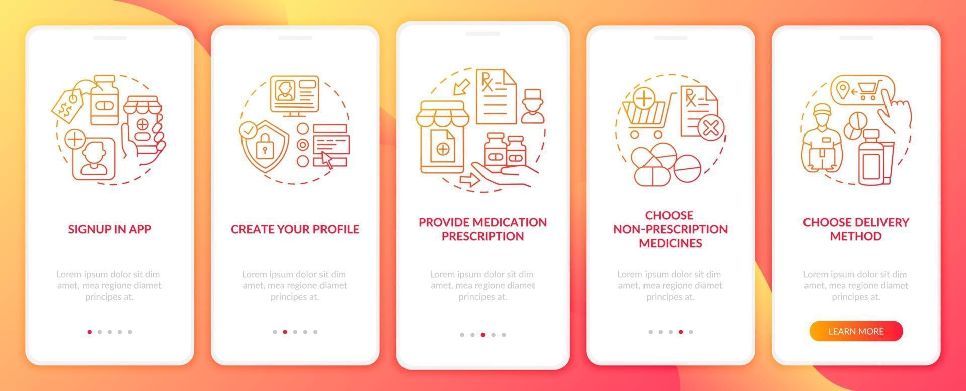 Online medication order steps onboarding mobile app page screen with concepts vector