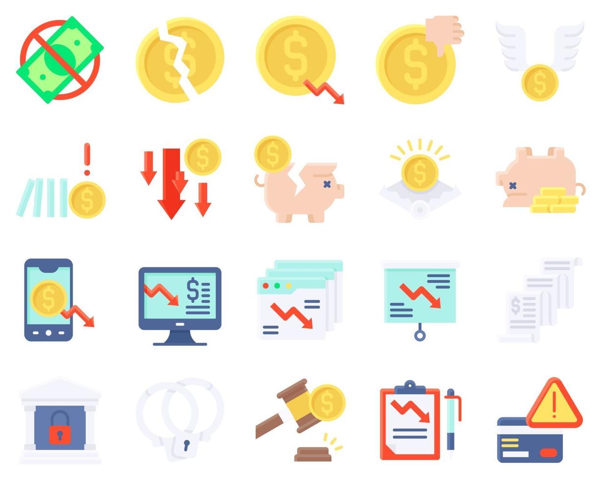 Bankruptcy related vector icon set flat style