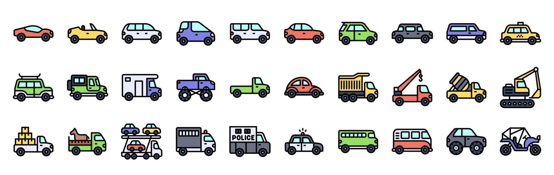 Transportation related vector icon set, filled style